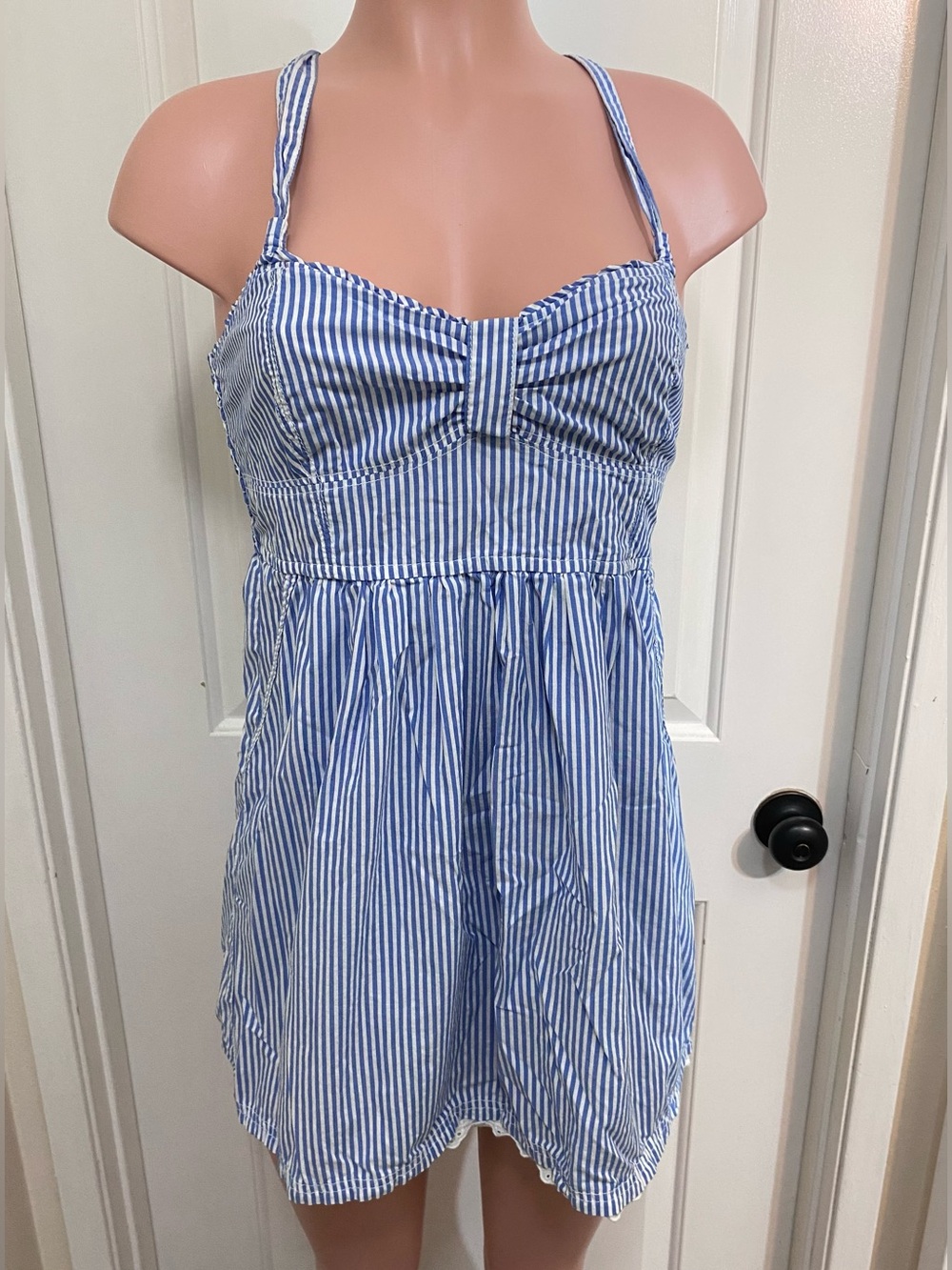 Y2k Vintage Abercrombie blue and white striped mini babydoll dress.
